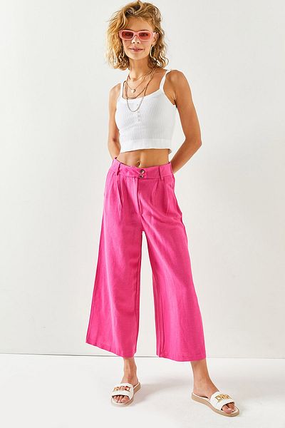 Olalook Women's Fuchsia Pocket Pleated Wide Leg Linen Trousers PNT-19000237