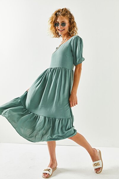 Olalook Kadın Çağla Yeşili Kısa Kollu Parçalı Bodrum Elbise ELB-19001956