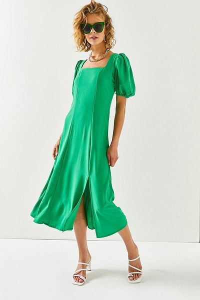 Olalook Women's Grass Green Square Collar Slit Midi Dress ELB-19001952