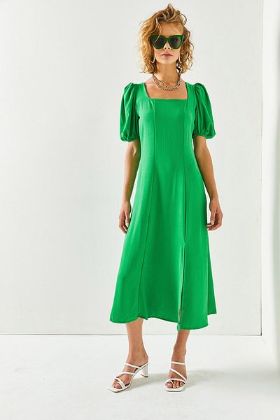 Olalook Women's Grass Green Square Collar Slit Midi Dress ELB-19001952