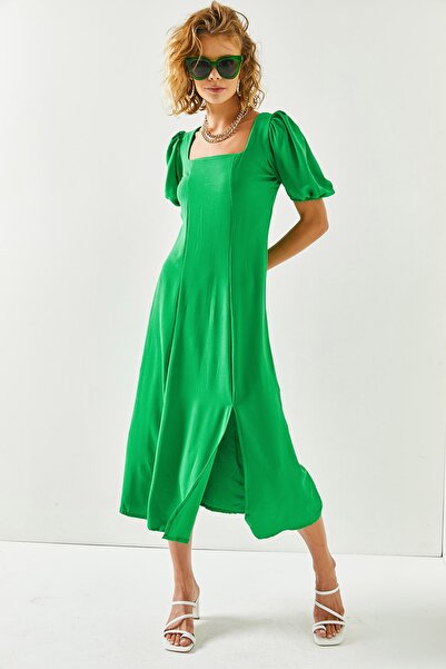 Olalook Γυναικείο Μίντι Φόρεμα με σχισμή γιακά με πράσινο τετράγωνο γρασίδι ELB-19001952