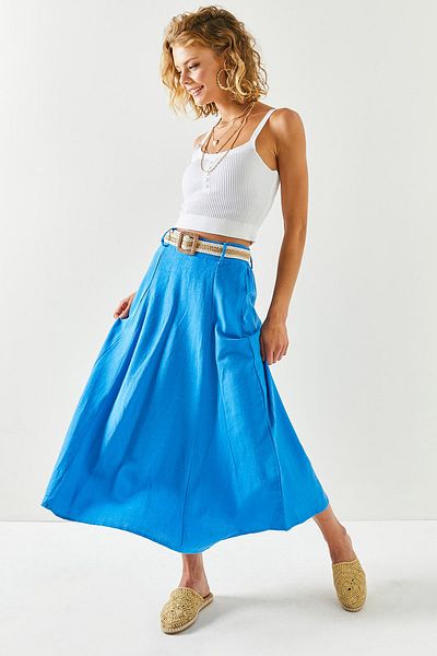 Olalook Women's Blue Belted Linen Mixed Bell Skirt ETK-19000251
