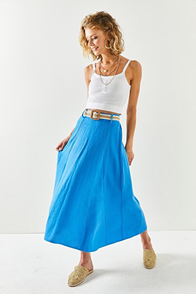 Olalook Women's Blue Belted Linen Mixed Bell Skirt ETK-19000251