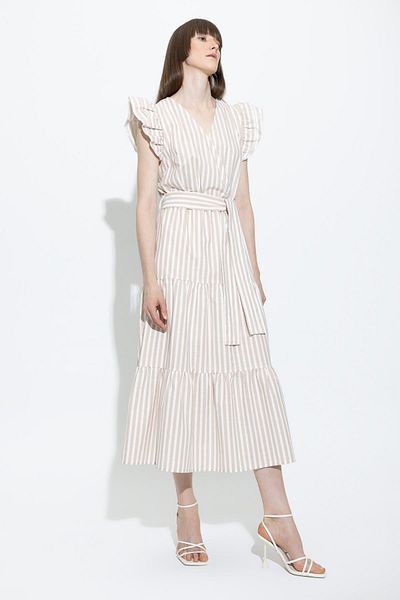 DeFacto Wrap Collar Striped Linen Look Midi Short Sleeve Dress A6460ax23sm