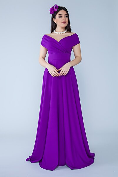 NO48 Purple Boat Neck Double Breasted Woven Draped Fabric Maxi Length Evening...