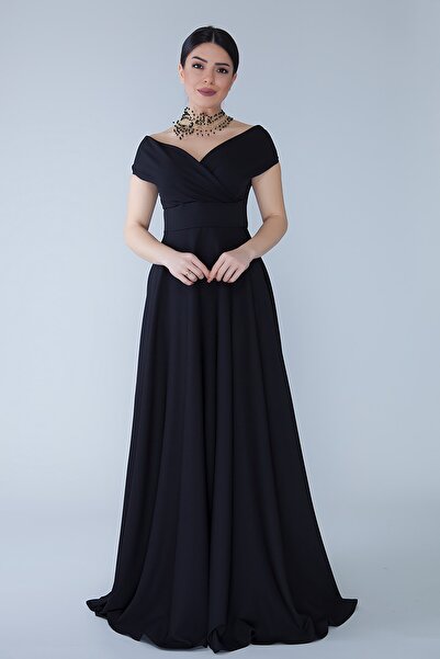 NO48 Rochie de seară neagră, cu decolteu barcă, țesătură dublu, fluidă, lungime maxi