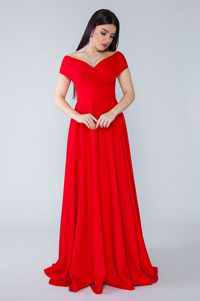 NO48 Red Boat Neck Double Breasted Woven Draped Fabric Maxi Length Evening Dress