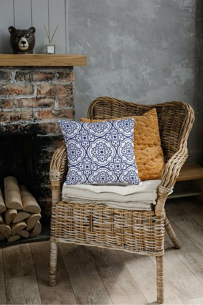 NT Handmade Zippered Single Blue Patterned Double Sided Printed 42x42cm Cotton Woven Throw Pillow Case