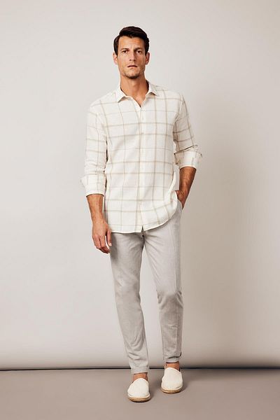 DeFacto Modern Fit Polo Collar Checked Linen Blended Long Sleeve Shirt Z8165az23sp