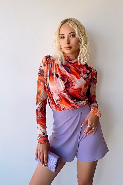 LACHT Γυναικεία μπλούζα με λεπτομέρεια από τούλι με πορτοκαλί κρεμ μοτίβο στα...