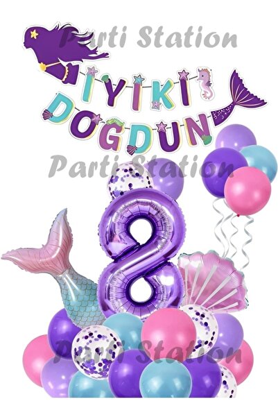 Parti Station Mor Rakam Balon Deniz Kızı Konsept Parti 8 Yaş Balon Set Mermai...