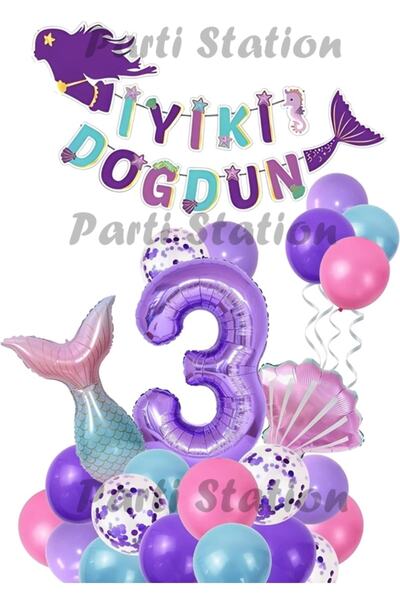 Parti Station Mor Rakam Balon Deniz Kızı Konsept Parti 3 Yaş Balon Set Mermai...