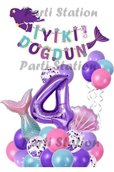 Parti Station Mor Rakam Balon Deniz Kızı Konsept Parti 4 Yaş Balon Set Mermai...