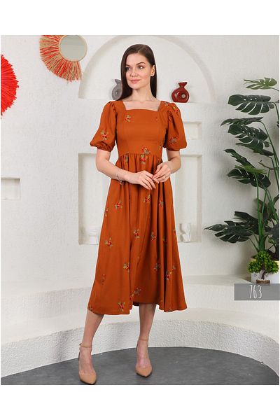 Miss Allos Embroidered Long Dress with Back Lacing Detail