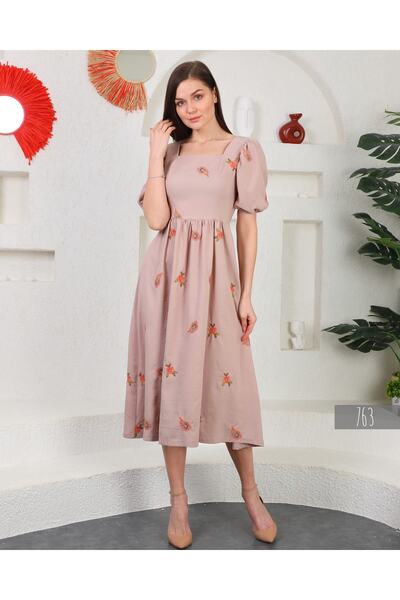 Miss Allos Κεντημένο μακρύ φόρεμα με λεπτομέρεια με κορδόνια στην πλάτη