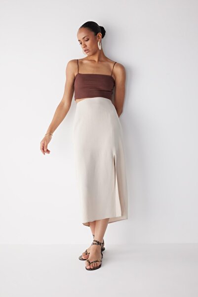 DeFacto Regular Waist Lined Slit Linen Blended Midi Skirt A9694ax23hs