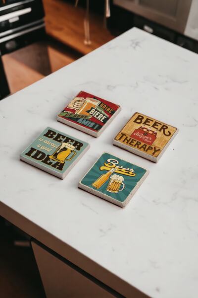 Baumatelier Vintage Drink Themed Natural Stone Travertine Coasters Set of 4