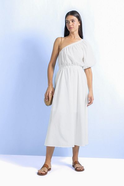 DeFacto Λευκό Ποπλίνα One Shoulder Midi Φόρεμα - Κοντομάνικο A9416ax23hs