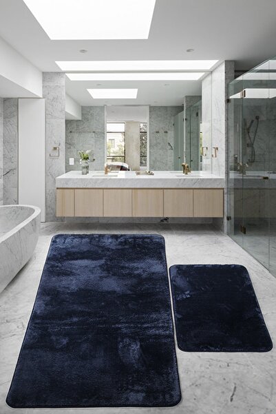 Relax Lacivert Leke Tutmaz Yıkanabilir Kaymaz Taban Yumuşak Büyük Ebat Banyo Takımı 80x150 & 50x80