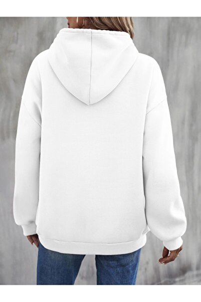Keywest Büyük Beden Kadın Smile Baskılı Oversize 3 İplik Kapüşonlu Cepli Hoddie/Sweatshirt