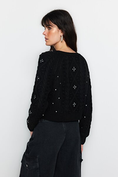 Trendyol Collection Pulover-cardigan negru cu două fețe tricotaj utilizabile TWOAW24KZ00144