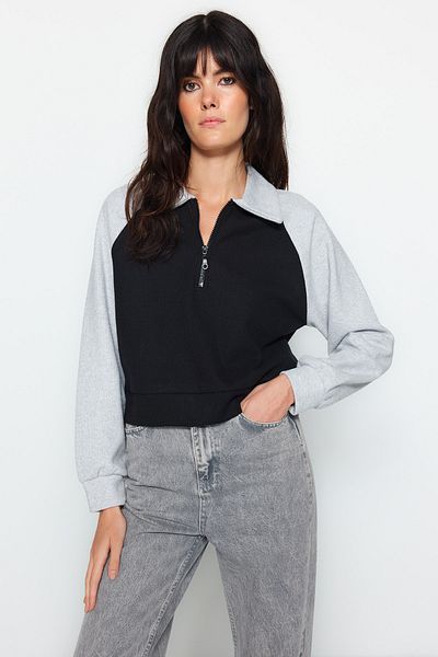 Trendyol Collection Черен плетен суитшърт Thessaloniki/плетена визия с цветни блокове и поло яка с цип TWOAW24SW00028