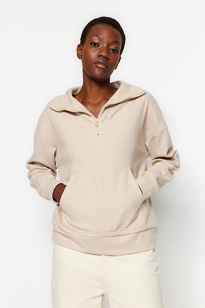 Trendyol Collection Béžová Soluň/Vzhled pleteniny Zapínání na zip Uvolněný/Pohodlný střih Pletená mikina TWOAW24SW00001