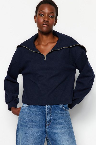 Trendyol Collection Темно-синій ThessalonikiTriko Look Комір поло на блискавці Regular Fit Orme Толстовка TWOAW24SW00000
