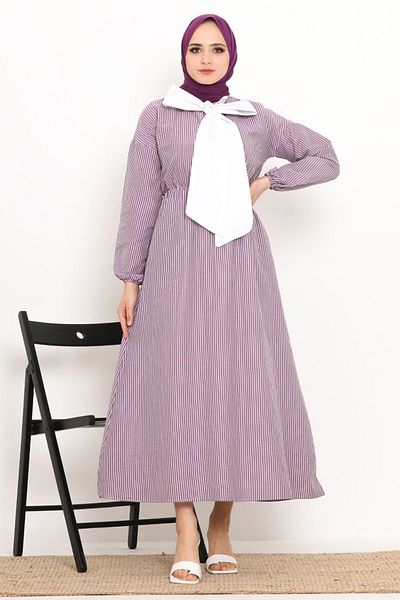 Defne Bahar Scarf Pocket Detailed Hijab Dress Gray