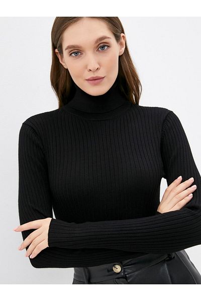 HayalGecesi Bluză neagră din tricot slimfit cu gât țesut - elastică, cu nervuri, cu mânecă lungă Xs-s potrivită
