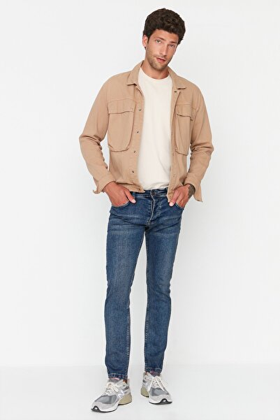 Trendyol Collection Tmavě modré džíny úzkého střihu se strečovou látkou – hnědé starožitné, Tmnaw23Je00047