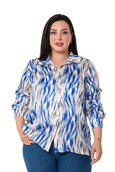 DISENTIS MODEST Plus Size Patterned Yoryo Satin Saks Blue Shirt