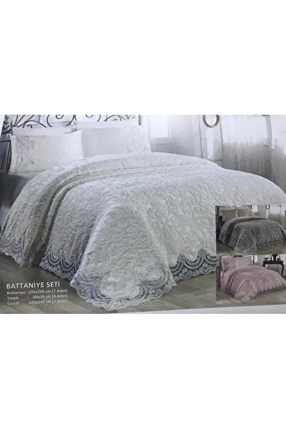Kelebek Battaniye Seti Fransız Güpürlü 4 Yastık Kılıflı Çarşaflı Krem