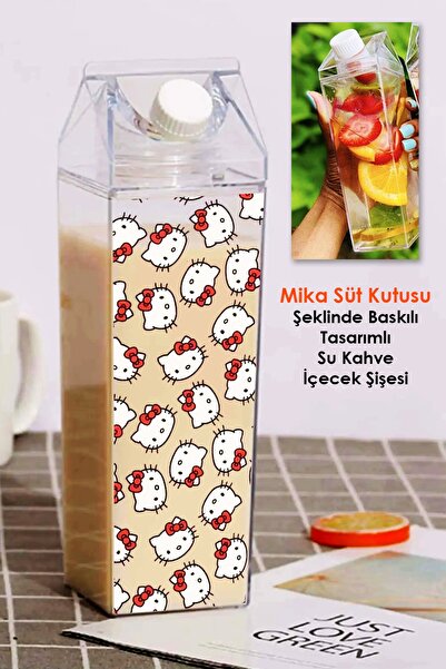 İŞTE BU Hello Kitty Baskılı Mika Süt Kutu Tasarımlı Su Kahve İçecek Şişesi - ...