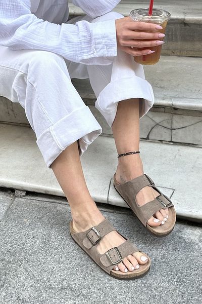Uniqueqoop Tokyo Orthopedic Cork Sole Suede Taupe Unisex Slippers