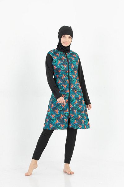 by İGP Women's Black Patterned Large Size Full Covered Quick Drying Zippered Hijab Swimsuit