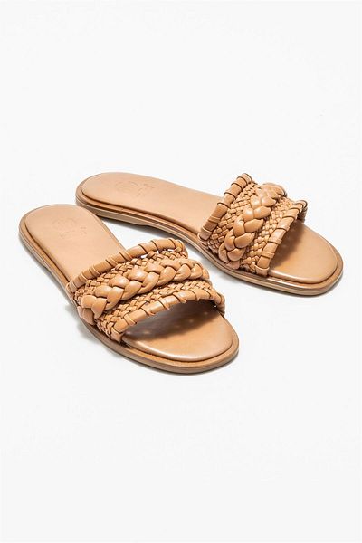 Elle Shoes Tan Leather Women's Flat Slippers