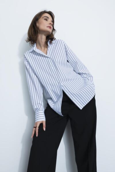 DeFacto Πουκάμισο μακρυμάνικο ποπλίνα Oversize Fit ριγέ 100% βαμβακερό