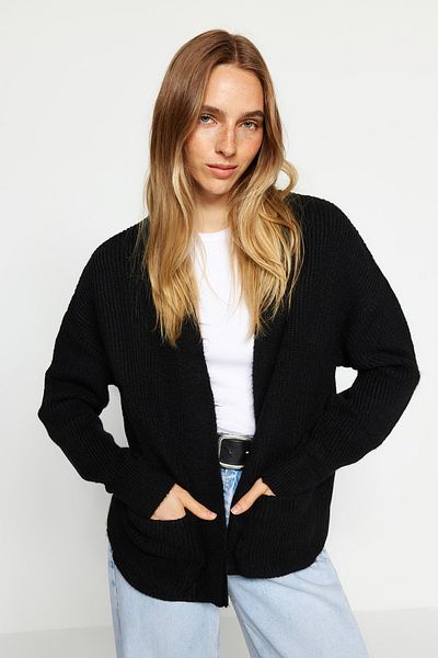 Trendyol Collection Black Wide Fit Soft Textured Pocket Detailed Knitwear Cardigan TWOAW24HI00133