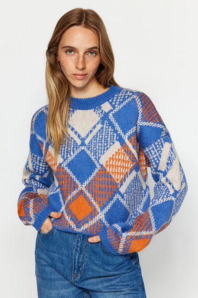 Trendyol Collection Navy Blue Wide Fit Crop Soft Textured Patterned Knitwear Sweater TWOAW24KZ01126
