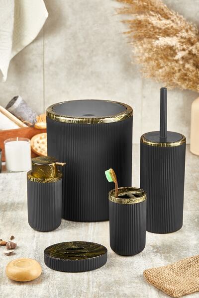 KURT HOME Auaro 5'li Banyo Seti Siyah/granit Gold Detaylı