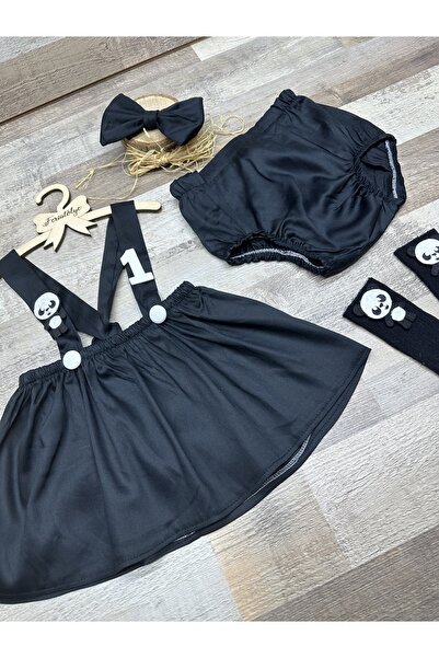 Feriatolye Panda konsepti kız bebek siyah etek salopet bloomer toka çorap takımı