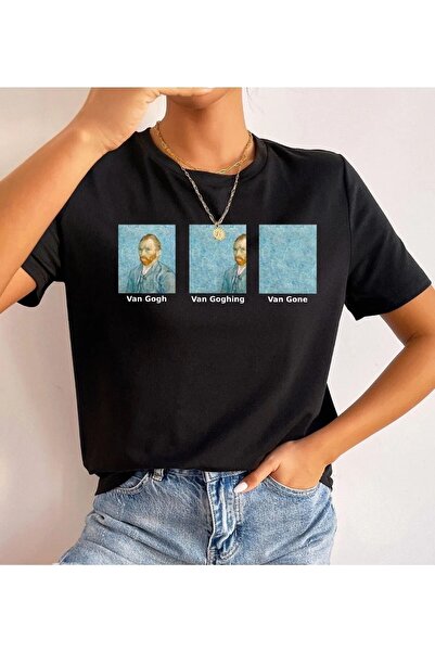 Revasser Oversize Kadın Van Gogh Baskılı Geniş Kalıp Rahat Salaş Siyah Tshirt