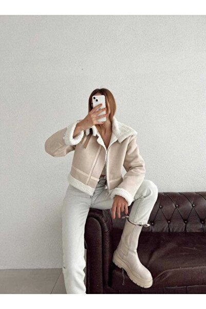 Azra Moda Style Palton din piele intoarsa cu interior de pluș pentru femei