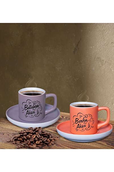 Bk Gift Kişiye Özel İsimli Gri ve Somon Renk İkili Türk Kahvesi Fincan Seti-6...