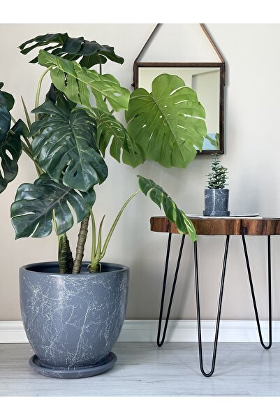 odka 40litre Klasik Saksı Tabaklı 40cmx40cm Koyu Füme Mermer Desenli