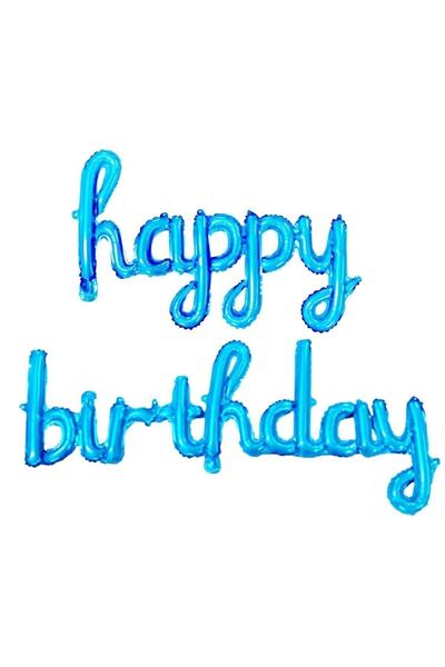 Patladı Gitti El Yazılı 16 İnç Happy Birthday Mavi Balon Set