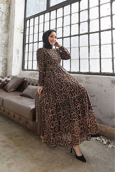 Neşeli Butik γυναικείο λεοπάρ στάμπα εισαγόμενο ύφασμα μουσουλμανικό φόρεμα σιφόν SMS028