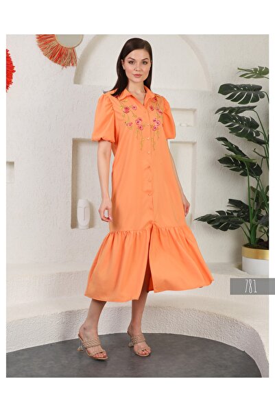 Miss Allos Rochie lungă, cu nasturi până la podea, cu guler cămașă brodat