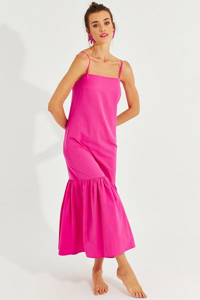Cool & Sexy Women's Fuchsia Skirt Flounced Strap Midi Dress MEN2001